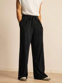 Manfinity VCAY Quần ống đứng màu trơn, dáng rộng, cạp chun cho nam, phong cách trẻ trung, mặc hàng ngày - Màu xám đen - Xem 4