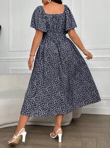 Calvaya Plus Size Women's Ditsy Floral Print Square Collar Buttoned Dress Maxi Women Outfit