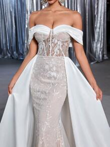 Glamrae Elegante y lujoso vestido de satén con escote hombros descubiertos, con encaje y bordado de lentejuelas, con dobladillo generoso, adecuado para bodas, fiestas, luna de miel, novia - Beis - Ver 1