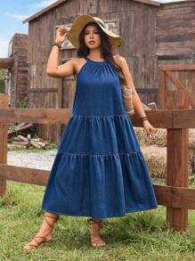 SHEIN LUNE Plus Size Sleeveless Denim Dress With Ruffle Hem - Blue - View 6