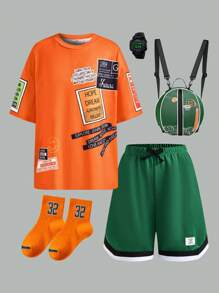 SHEIN 2pcs Kids/Tween Boys' Casual Versatile Comfortable Printed Pattern Round Neck Loose Fit T-Shirt And Shorts Knit Set, Suitable For Commuting, School, Daily Casual, Vacation, Sports, Spring/Summer - Multicolor - View 1