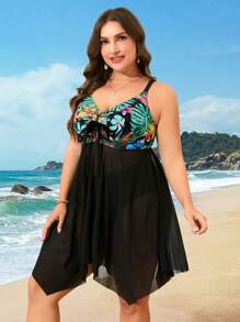 Swim Lushoire Traje de baño de 2 piezas para mujer talla grande con estampado tropical, combinación de malla negra para vacaciones en la playa