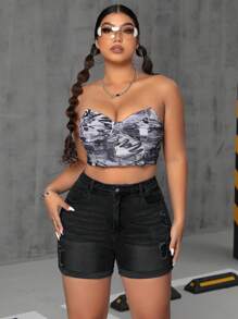SHEIN ICON 大码破洞口袋紧身休闲牛仔短裤 - 黑色 - 查看 5