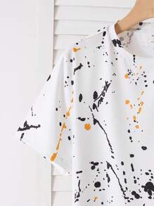 SHEIN Conjunto de 2 piezas de ropa informal para chicos adolescentes: camiseta de manga corta con estampado gráfico de salpicadura blanca y pantalón de chándal negro - Caqui - Ver 5