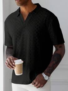 Manfinity Homme 男士纯色长袖 Polo 衫，夏季时尚 - 黑色 - 查看 5