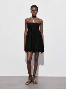 Maija 黑色纯色露肩镂空刺绣无袖休闲连衣裙，适合度假、派对、海滩、生日、夏威夷风格 - 黑色 - 查看 9