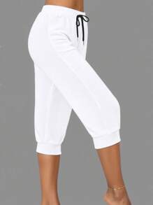 SHEIN LUNE Women's Solid Color Drawstring Waist Casual Versatile 7/8 Length Pants