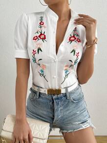 Pariaura 女式短袖单排扣休闲花卉刺绣衬衫 - 白色 - 查看 1