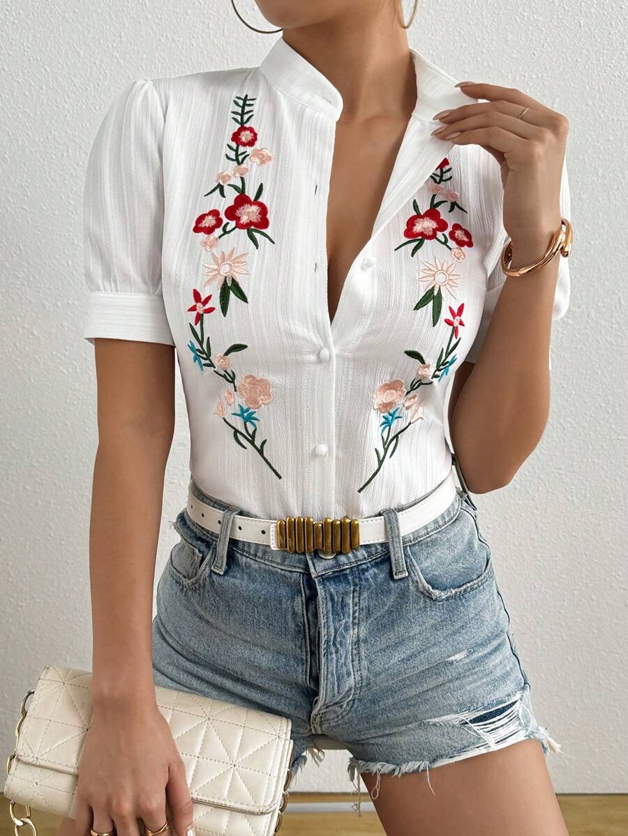 Pariaura 女式短袖单排扣休闲花卉刺绣衬衫 - 白色 - 查看 1
