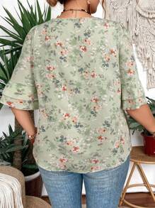 SHEIN Clasi Women V-Neck Floral Print Ruffle Double Layer Mid Sleeve Blouse - Green - View 2