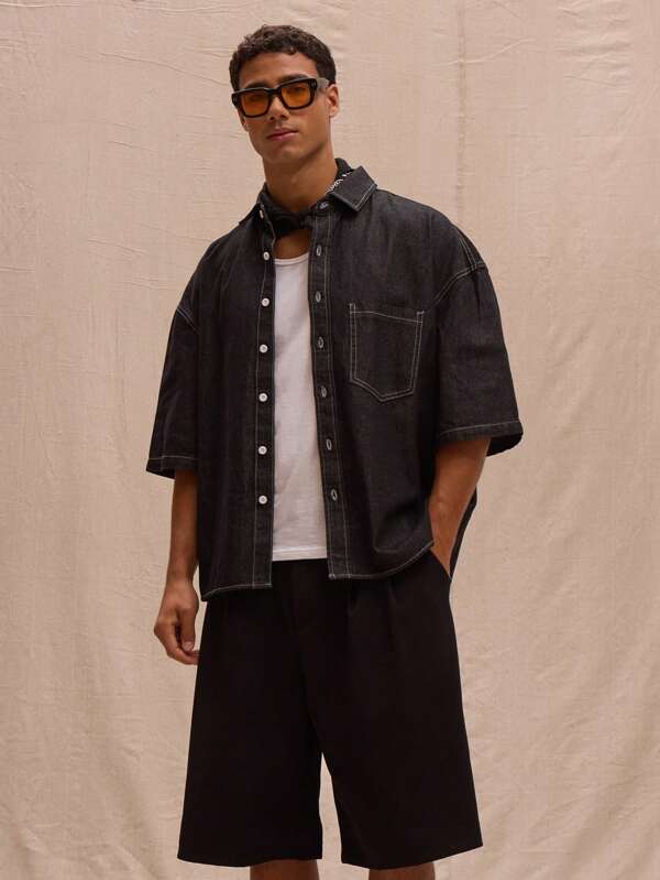 Musero Contrast Stitch Lightweight Denim Short Sleeve Shirt Spring Summer Streetstyle Holiday Vacation