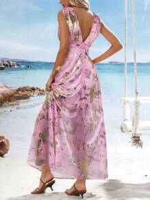 SHEIN VCAY فستان طويل بياقة على شكل حرف V للنساء مصنوع من النسيج المطرز بالرقائق المعدنية للاستخدام فى الأجازات، ربيع/صيف - أرجواني مغبر - مشاهدة 2