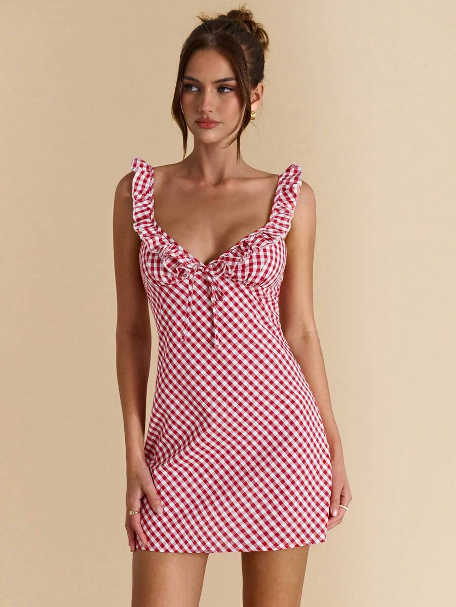 SHEIN BAE Váy mini trễ vai xếp nếp vải gingham trơn màu cho nữ, tay lửng và thắt lưng buộc, váy kẻ caro thanh lịch, ngọt ngào, dễ thương, mùa xuân và mùa hè - Đỏ và trắng - Xem 1