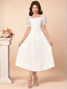 Pitira Pitira 少女优雅花卉刺绣撞色网眼方领泡泡袖连衣裙，适合派对/活动穿着 - 白色 - 查看 1