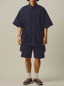 DAZY Men's Solid Color Black Casual Utility Shirt Set, Summer - Navy Blue - View 6