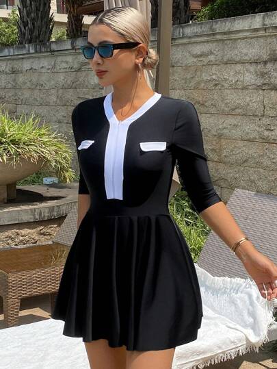 Livesso 1pc Women's Contrast Color Zipper Swimsuit & Beach Outfit, Spring/Summer