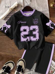 SHEIN 2件套年轻女孩夏季休闲数码印花短袖T恤和短裤套装年轻女孩服装套装两件套女孩衣服年轻女孩套装年轻女孩套装儿童运动服女孩套装衣服年轻女孩套装 - 彩色 - 查看 2