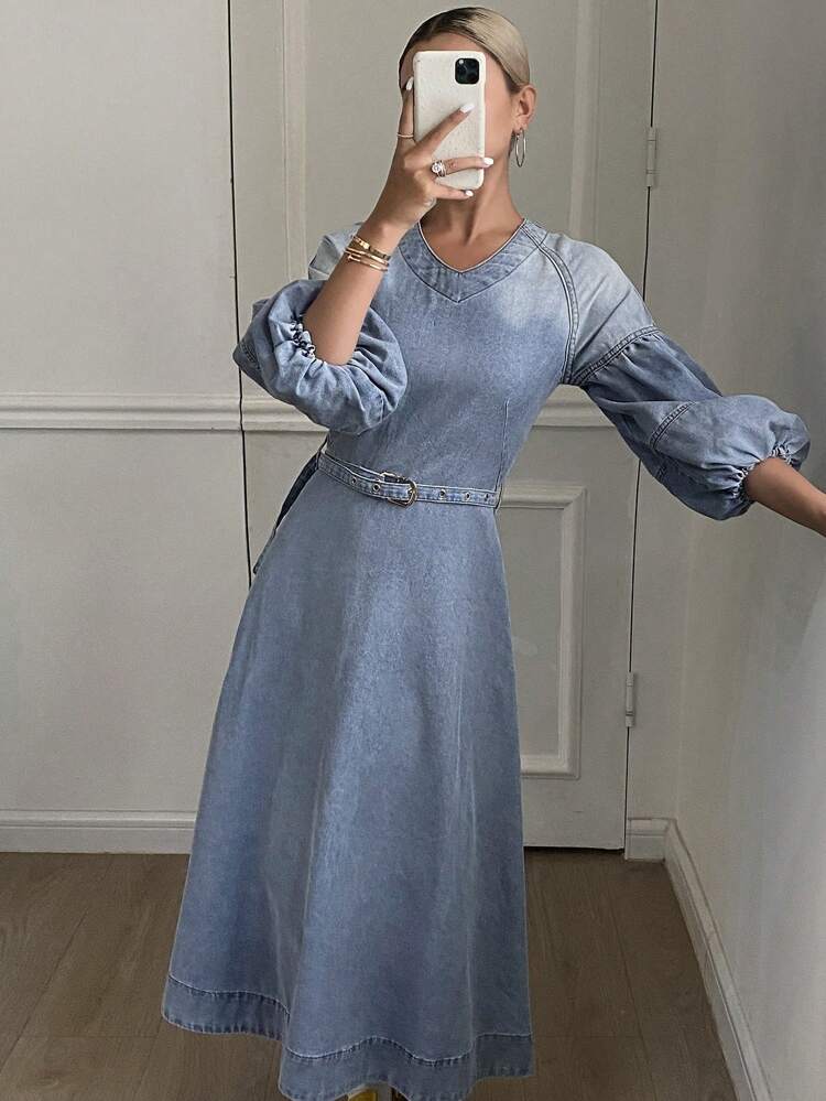 Western Style V-Neck Lantern Sleeve Denim Dress For Women, Summer,Back To School Clothes Maxi Dress