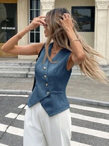 Serisse 女式无袖V领前扣纯色休闲衬衫 - 藏蓝色 - 查看 3