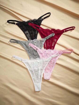 Charlaine 5pcs Pack Women Low-Waist French Lace G-String Panties, Random Heart Pattern