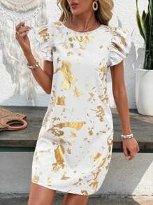 EMERY ROSE Vestido holgado con mangas abullonadas y estampado de lámina para mujer