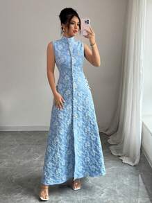 Elenzga Đầm thanh lịch cổ đứng in họa tiết toàn bộ không tay cài nút phía trước - Màu xanh lam - Xem 6