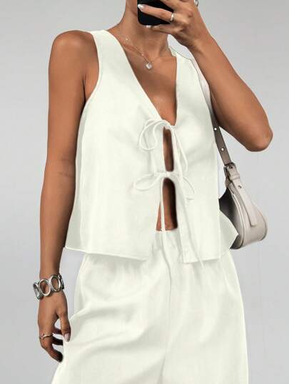 Flirla Women Casual Solid Color Tie Front Camisole And Pants 2Pcs Set