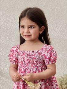 Blossori Vestido de fiesta campestre para niñas con mangas abullonadas, flores pequeñas de color rosa y detalle de smocking - Multicolor - Ver 4