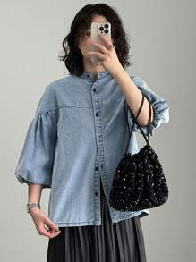 FRIFUL 女士休闲水洗灯笼袖牛仔衬衫、牛仔夹克、秋季女装 - 淺藍色 - 查看 3