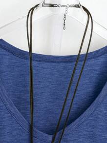 Plus Size Simple Casual V-Neck Short Sleeve T-Shirt, Summer Henley - Blue - View 3