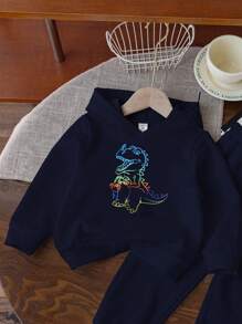 Young Boy Colorful Crayon Dinosaur Cute Hooded Sweatshirt - Royal Blue - View 5