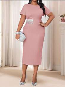 SHEIN Lady Spring And Summer  Autumn And Winter Elegant Baby Blue Round Neck Bishop Sleeve Bodycon Dress Plus Size Dresses Blue Dresses Dress - Dusty Pink - View 4