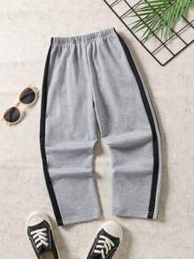 Young Boy Side Contrast Stitching Loose Straight-Leg Pants, Versatile For Daily Casual And Sports, Breathable Thin Fabric