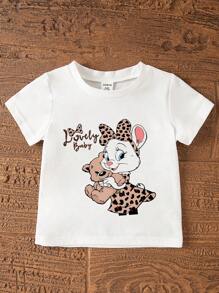 SHEIN GraphicGems 女婴可爱豹纹兔子印花圆领短袖 T 恤和豹纹针织打底裤套装 - 白色 - 查看 7