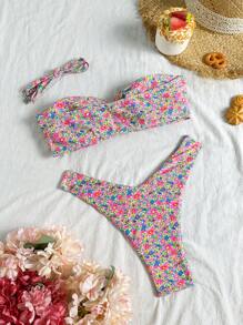 Swim Mod 2pcs/Set Women Summer Vacation Random Small Ditsy Floral Swimsuits With Center Ring Detail, Bikini Set - Multicolor - View 3