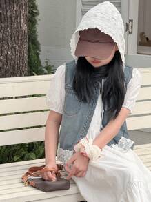 DAZY Tween Girl Sleeveless Hooded Denim Vest, For Summer, Back To School Clothes - Light Wash - View 3