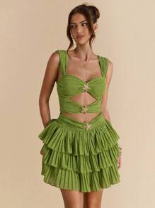 SHEIN BAE Green Solid Color Sexy Starfish Metal Decor Hollow-Out Ruffle Tiered Hem Elegant Dress, Suitable For Beach Vacation, Ruffle Graceful Dress, Brunch Dress