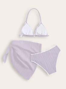 全新时尚花卉装饰少女吊带泳衣套装（含罩衫和裙子） - 淺灰紫 - 查看 2