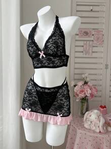 PetitDoll 3 Stücke Set Retro romantische Spitzen-Patchwork Schmetterling Blumen Lingerie, sexy