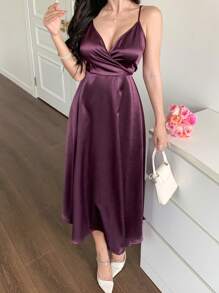 DAZY 女士夏季缎面连衣裙，细肩带露背蝴蝶结连衣裙，性感优雅长裙婚礼女装 - 紫色 - 查看 5