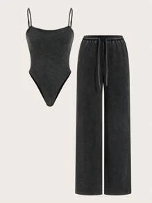 Coolane Trang phục biểu diễn mùa hè dành cho nữ, phong cách đường phố Y2K, bộ đồ liền thân không tay tối giản, thường ngày, giặt sạch, bẩn và quần cạp trễ rộng thùng thình hai mảnh - màu đen - Xem 2