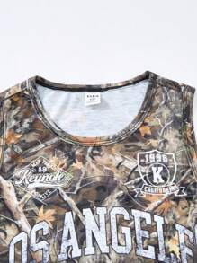 SHEIN Canottiera casual per ragazzo in età preadolescenziale, stile scolastico, comoda e versatile, realizzata in tessuto morbido con stampa di foglie e numeri, adatta per primavera, estate, uso quotidiano, attività all'aperto, sport, scuola, strada, feste e tempo libero