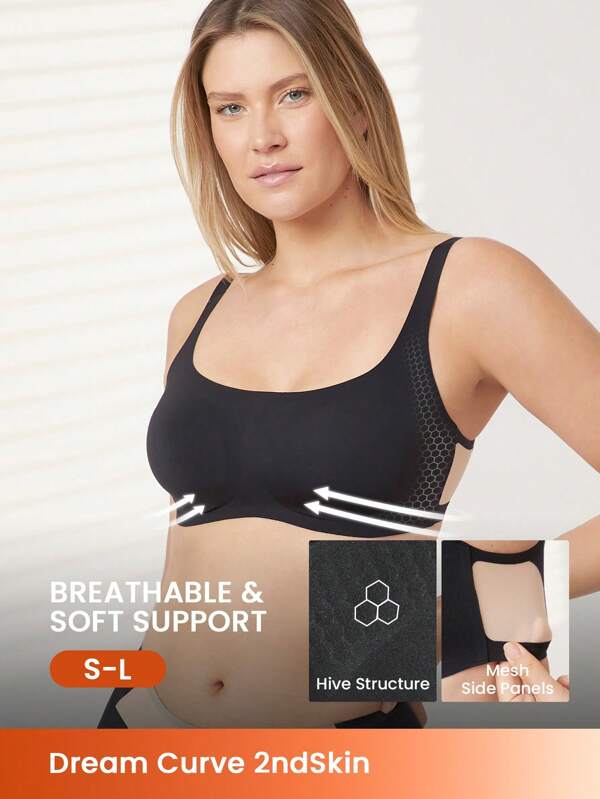 LUVLETTE Sujetador sin costuras Dream Curve 2ndSkin negro de cobertura total, inalámbrico, transpirable y cómodo para estar en casa. Ropa interior básica sin marcas, también adecuada para adolescentes, jóvenes y niñas