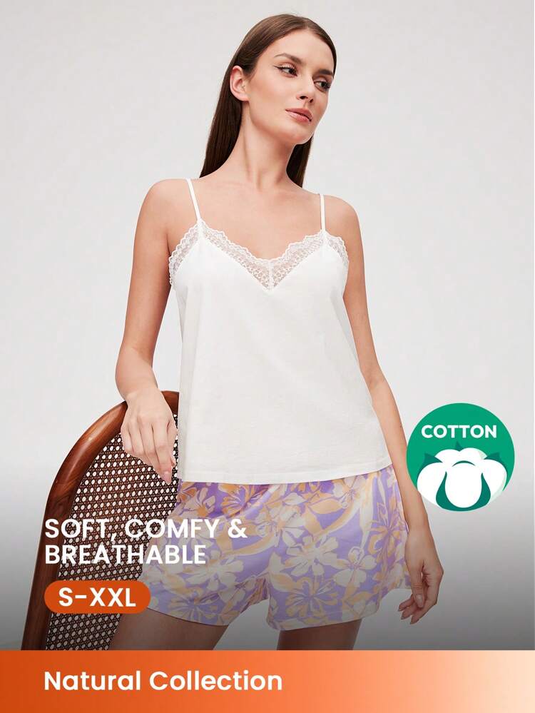 Set di pigiama estivo in cotone morbido con top a canottiera con scollo a V e pizzo, pantaloncini con motivo, pantaloni con tasche, lingerie da indossare come abbigliamento casual, adatto per primavera ed estate