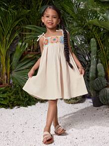 SHEIN Young Girl Woven Solid Color Splicing Ribbon Strap Sleeveless Dress - Apricot - View 5