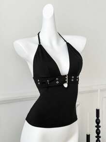 Comfortcana Top canotta donna con scollo alla halter, design con passante, a tinta unita, sexy