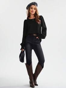 EMERY ROSE Round Neck Solid Color Lantern Sleeve Shirt, Casual For Autumn,Long Sleeve Tops