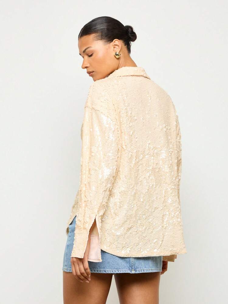 Elegant Sequin Button Down Oversized Long Sleeve Glitter Blouse