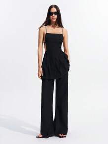 LYSMO 女士黑色露背吊带褶饰连衣裙 - 2025 春夏新品 - 黑色 - 查看 4