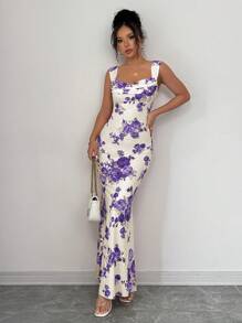 Elenzga Women's Elegant Floral Full Print Dress With V Neck